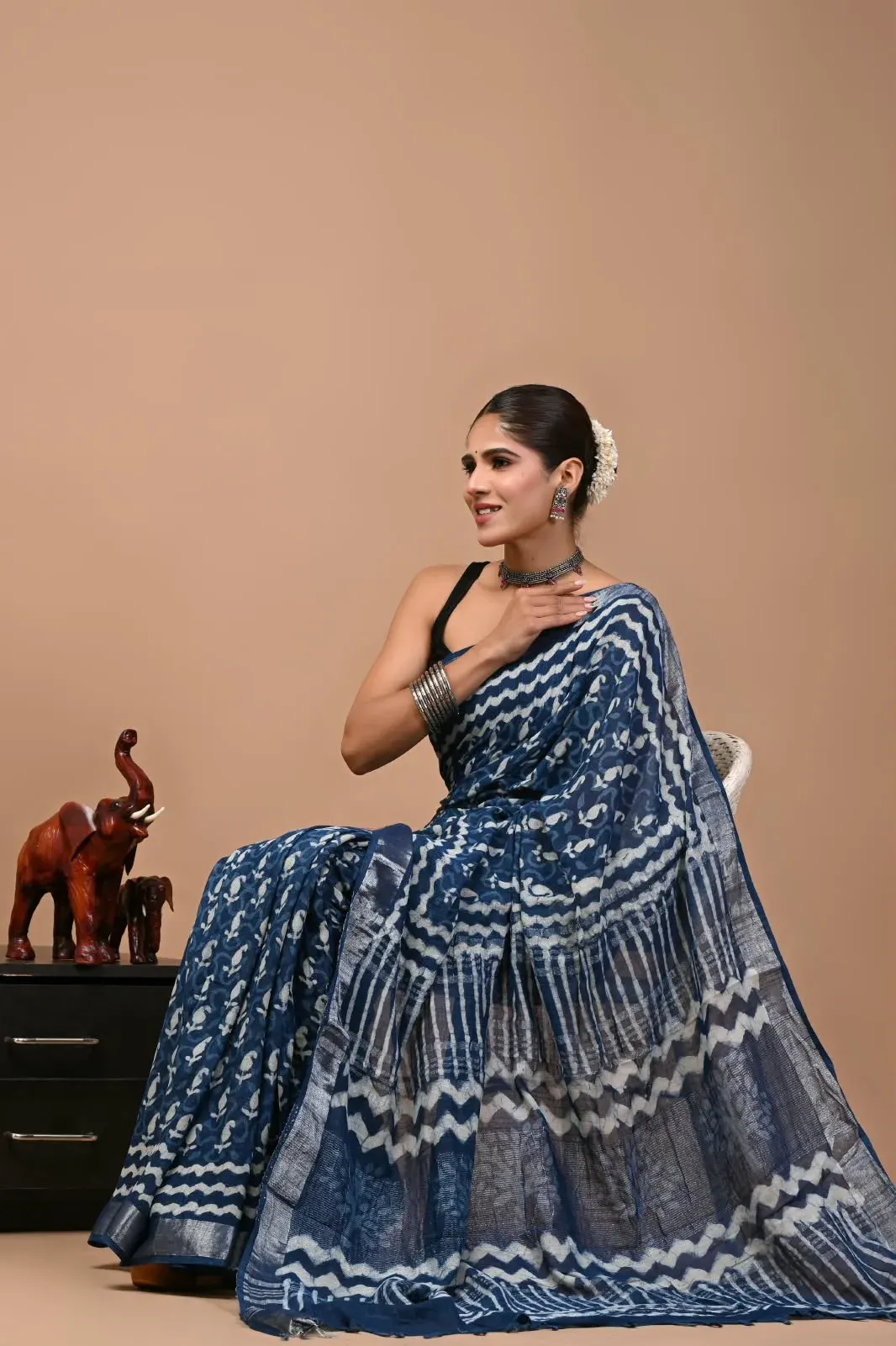 Light Blue Bagru Hand Block Printend Soft Linen Fabric Saree